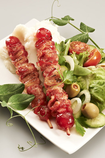 Bacon Cherry Sticks with Mash and Salad