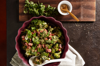 Roasted Broccoli with Coriander Pesto & Crispy Bacon