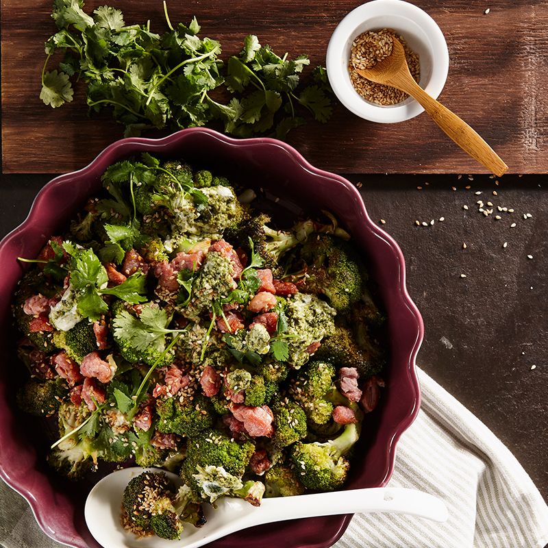Roasted Broccoli with Coriander Pesto & Crispy Bacon 