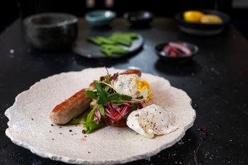 Sausage & Beans on Toast with pickled onion