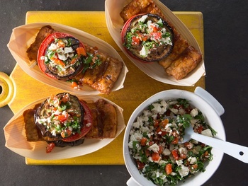 Brinjal chicken burger with red pepper topping