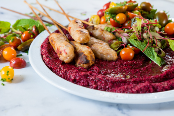 Pork Kofta with Beetroot Hummus & Tomato Salsa