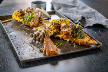 Roasted Pork Belly with Scrambled Eggs and mushrooms