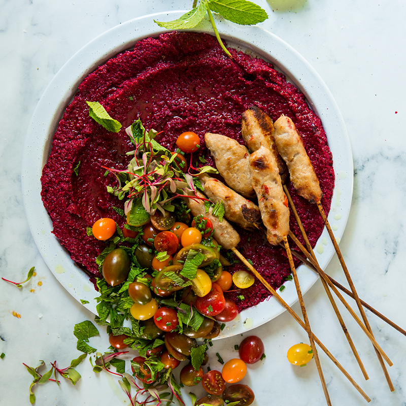 Pork Kofta with Beetroot Hummus & Tomato Salsa 