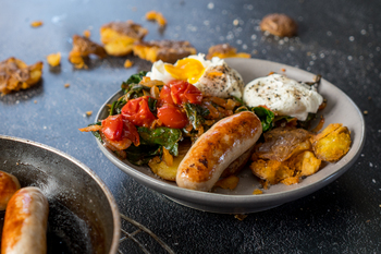 Pork Sausages with Spinach & Poached Egg