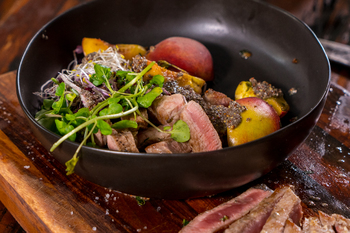 Pork Neck & Peach Salad with Poppy Seed Dressing