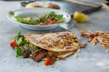 Spicy Rib Burger Quesadillas with Guacamole & Salsa