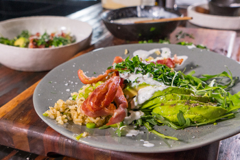 Streaky Bacon, Avo & Brown Rice Salad with Dressing