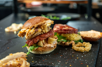 Hawaiian Pork Neck Burger with Onion Rings