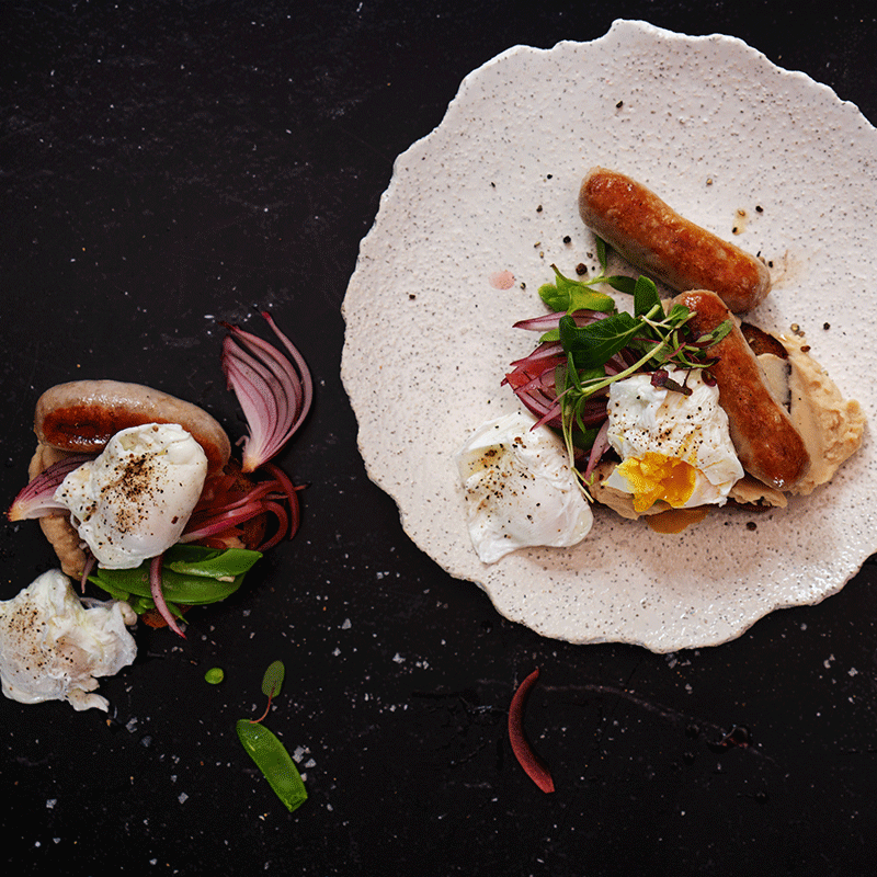 Sausage & Beans on Toast with pickled onion 
