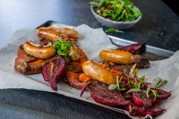 Pork Sausages with Sweet Potato & Poached Onions